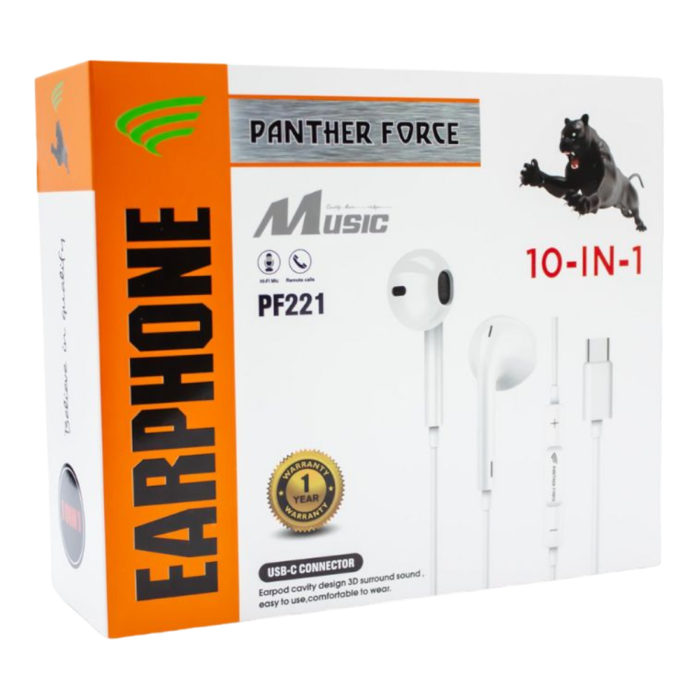 PANTHER FORCE C-Type Handsfree - PF221 | USB-C Wired Earphones with Clear Sound & Noise Isolation | Comfortable In-Ear Design for Android Devices | Durable & High-Quality Audio Accessory PANTHER FORCE C-Type Handsfree - PF221 | USB-C Wired Earphones with Clear Sound & Noise Isolation | Comfortable In-Ear Design for Android Devices | Durable & High-Quality Audio Accessory